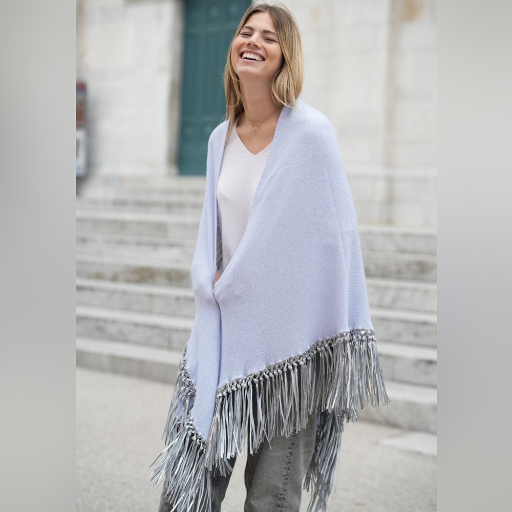 Pinotti Chic Light Blue/Celeste Italian Wool & Cashmere Blend Fringed Wrap Shawl